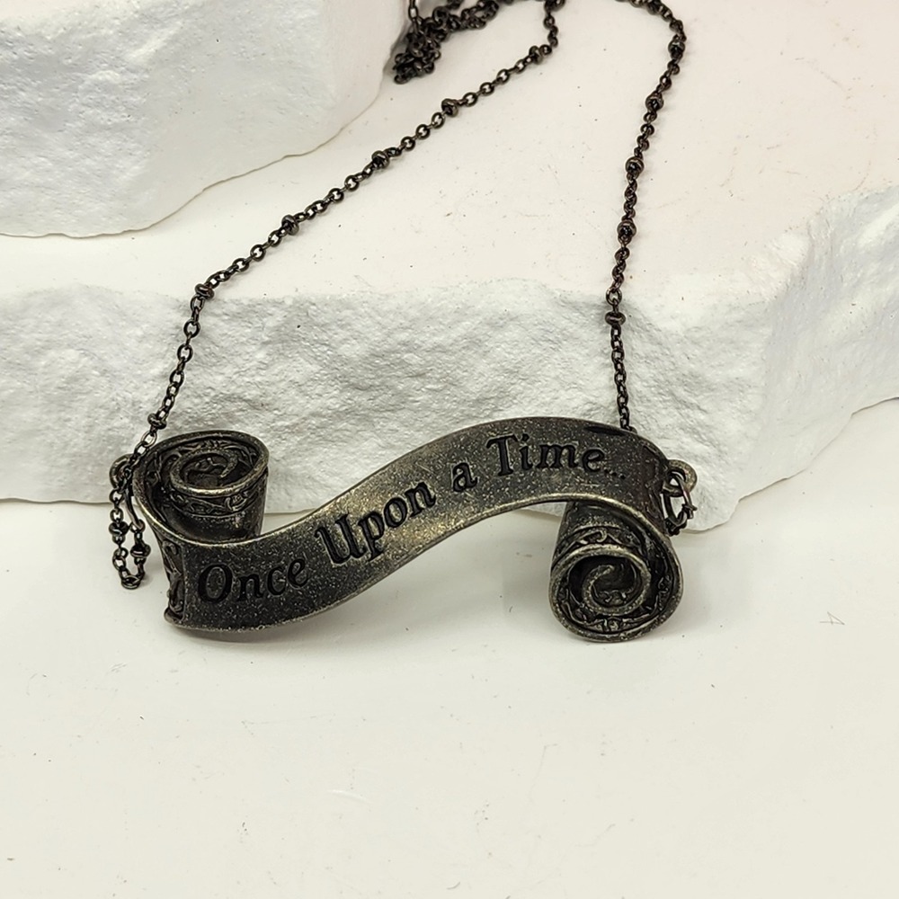 Once Upon a Time Scroll Pendant Necklace Antiqued Silver Tone Fairytale Gothic